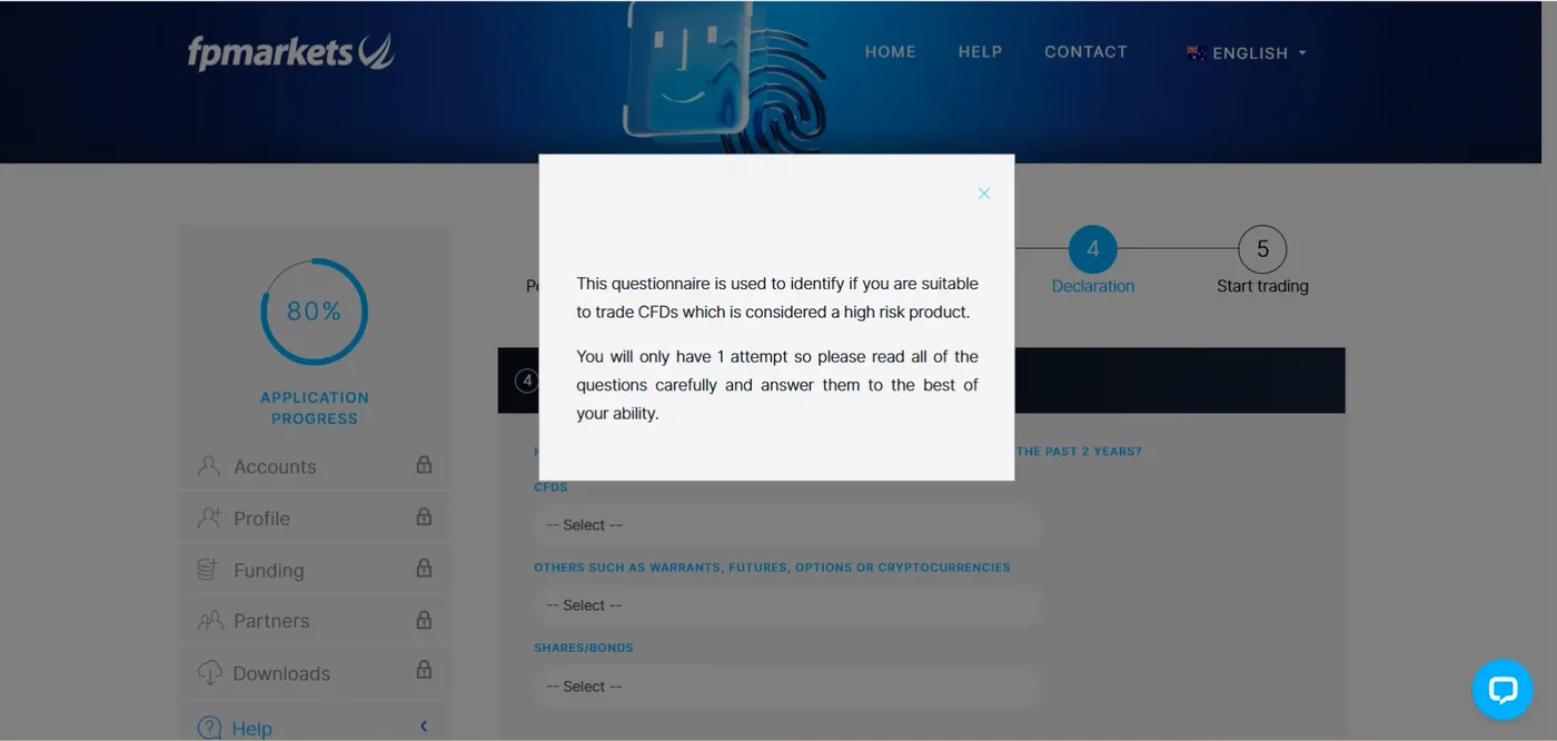 Modal warning over a declaration questionnaire stating only one attempt is allowed, with product select fields behind it.