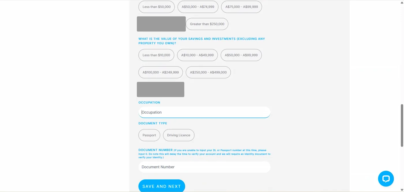 Application fields for income, savings bands, occupation and document type with a save and next button.