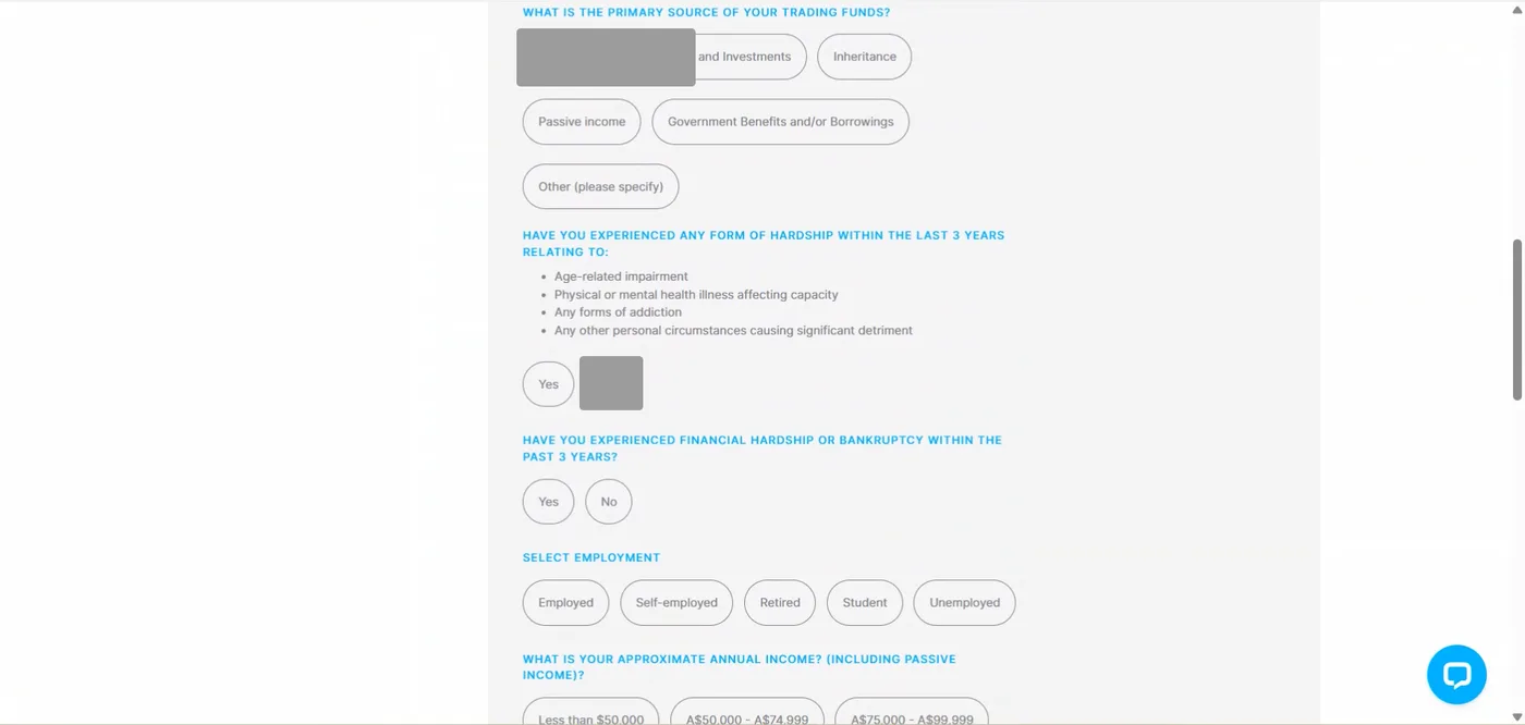 Questionnaire section with source of funds tiles, hardship yes and no questions and employment status options.