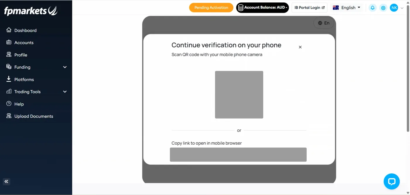Portal page inviting verification on a phone by scanning a QR code or copying a link, with the Pending Activation pill in the header.