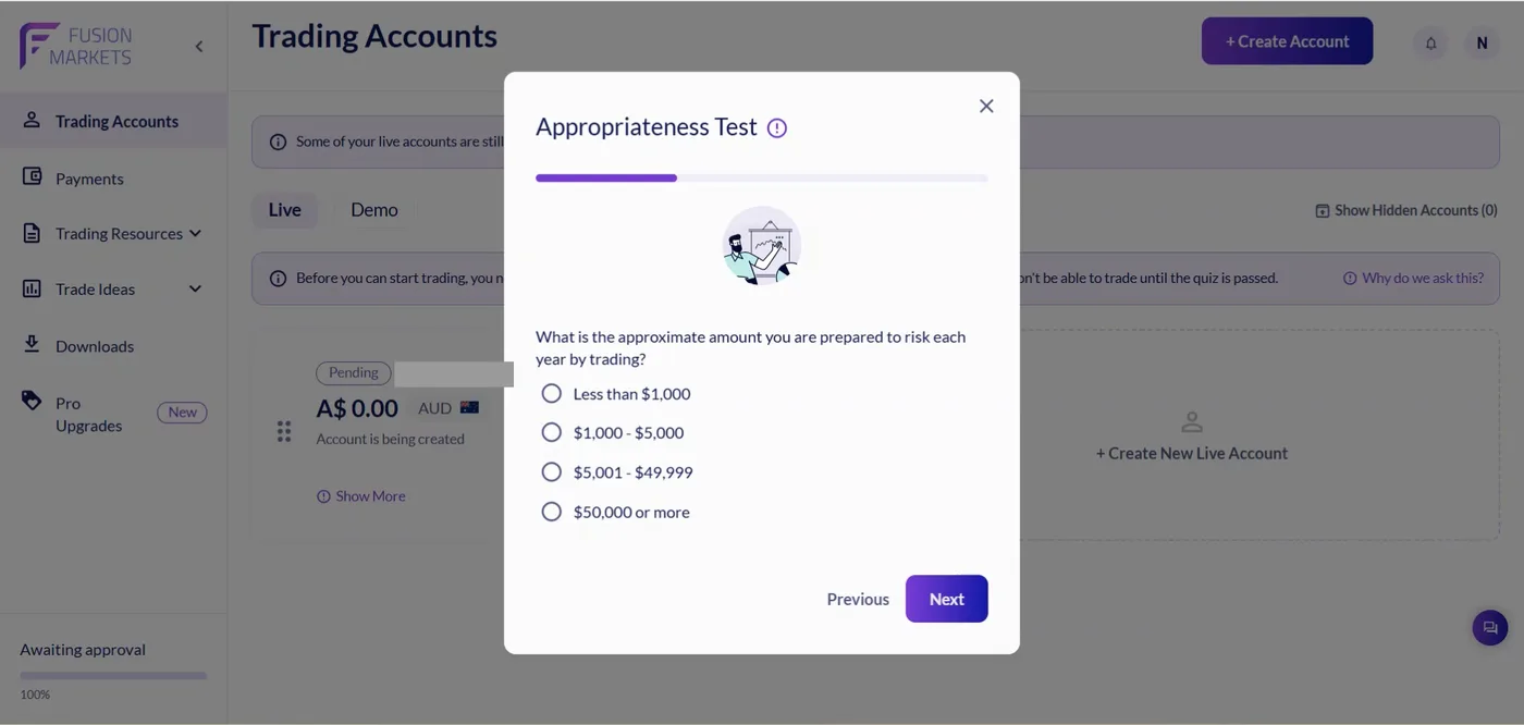 Appropriateness test question about yearly trading risk over a pending account card showing zero balance and awaiting approval.