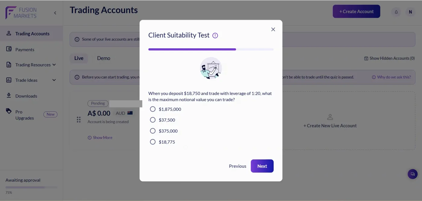 Suitability test question on maximum notional value with leverage, shown over a pending account card at 75 per cent approval.