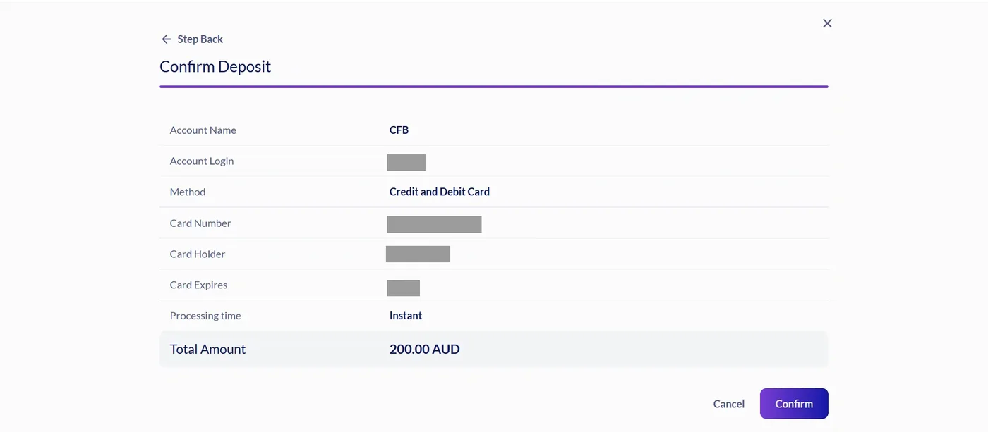 Confirm deposit screen showing the CFB account, card details hidden, a 200.00 AUD total and confirm button.