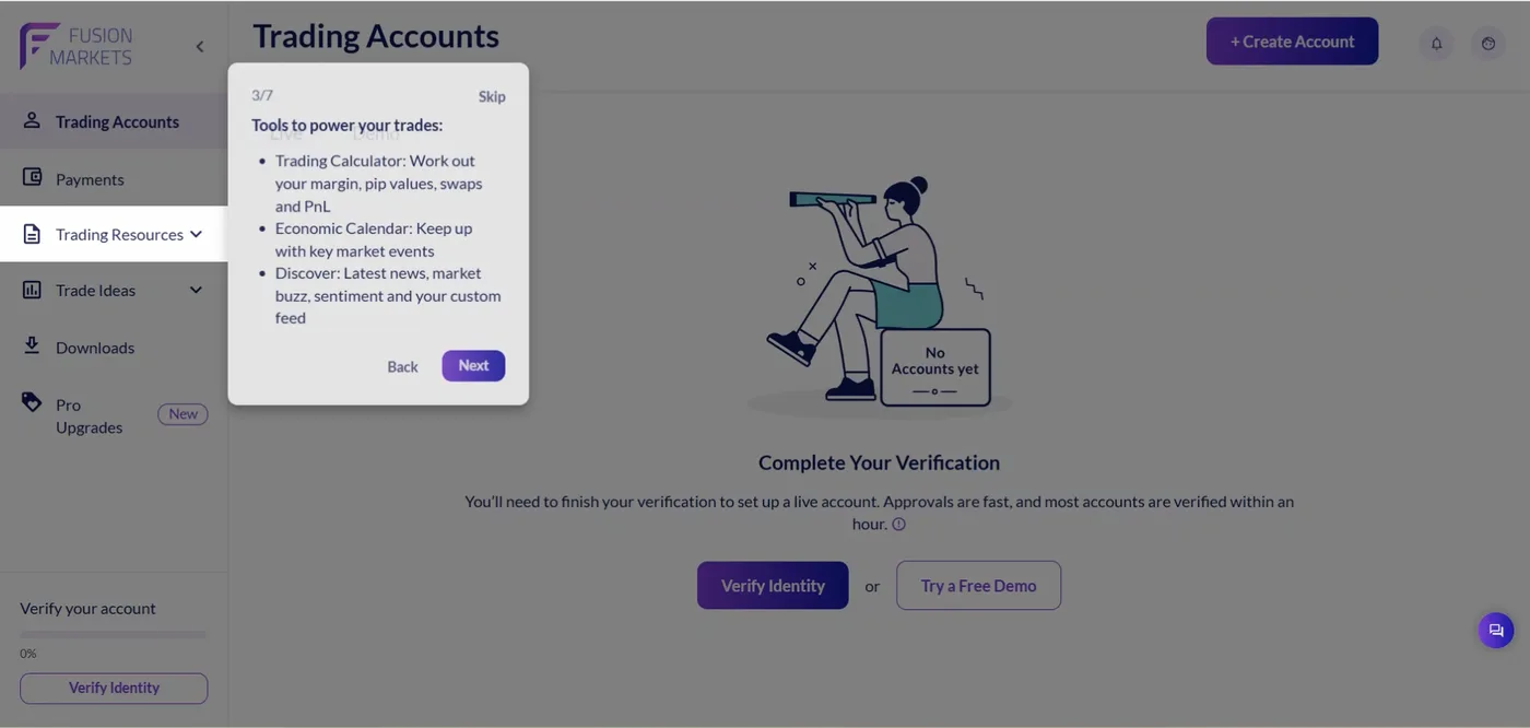 A tour card labelled 3 of 7 lists trading tools over a dimmed Trading Accounts page with no accounts yet.