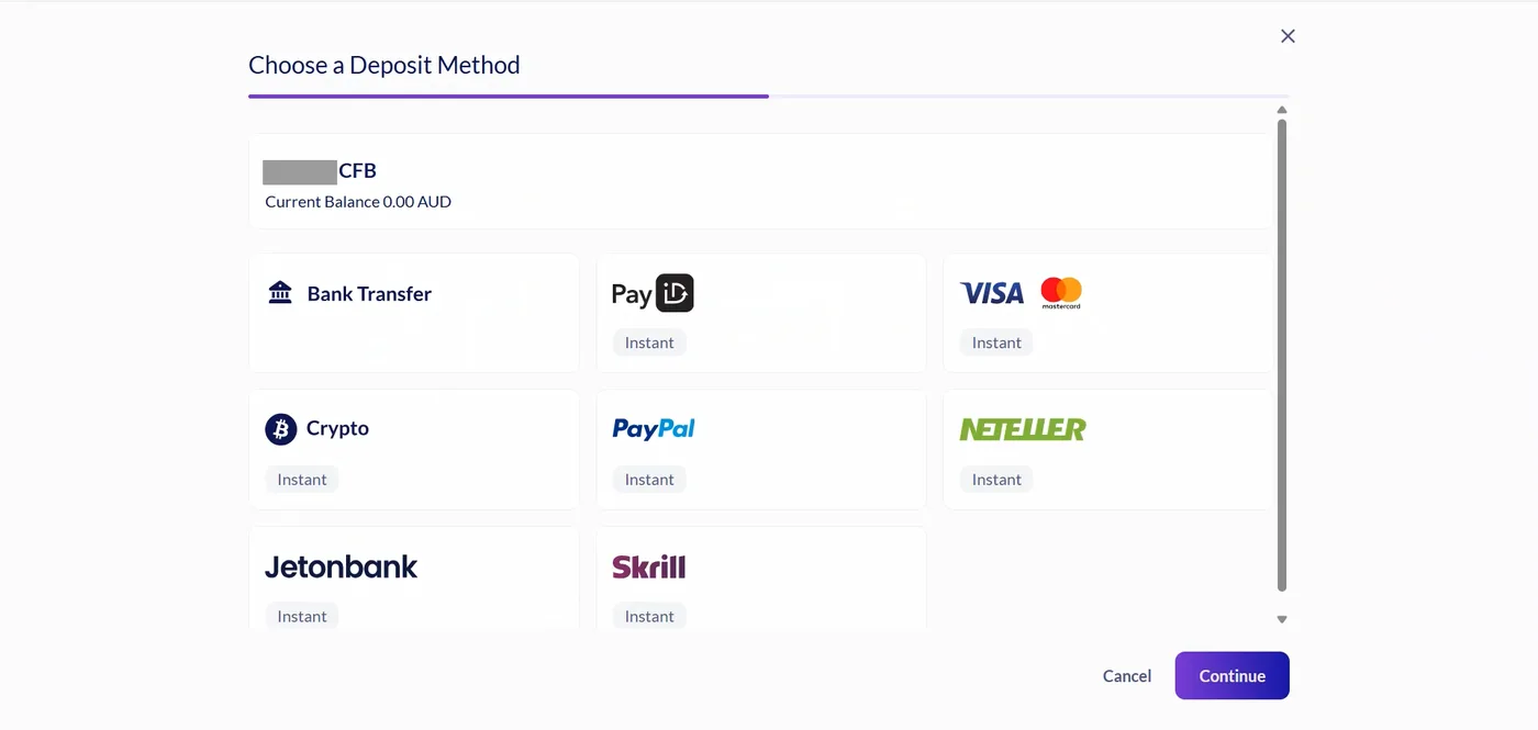 Deposit method screen with eight tiles including bank transfer, cards, crypto and wallets, a zero balance and continue buttons.