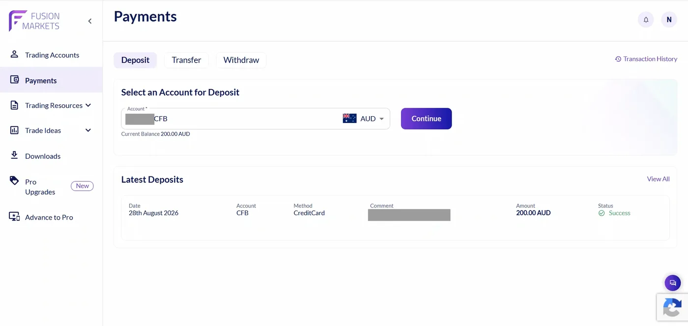 Payments page after refresh showing a 200.00 AUD balance and the 28 August 2026 credit card deposit marked successful.