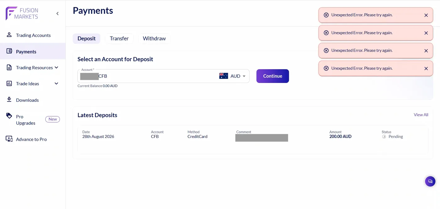 Payments page with four stacked error messages above a deposit of 200.00 AUD dated 28 August 2026 shown as pending.