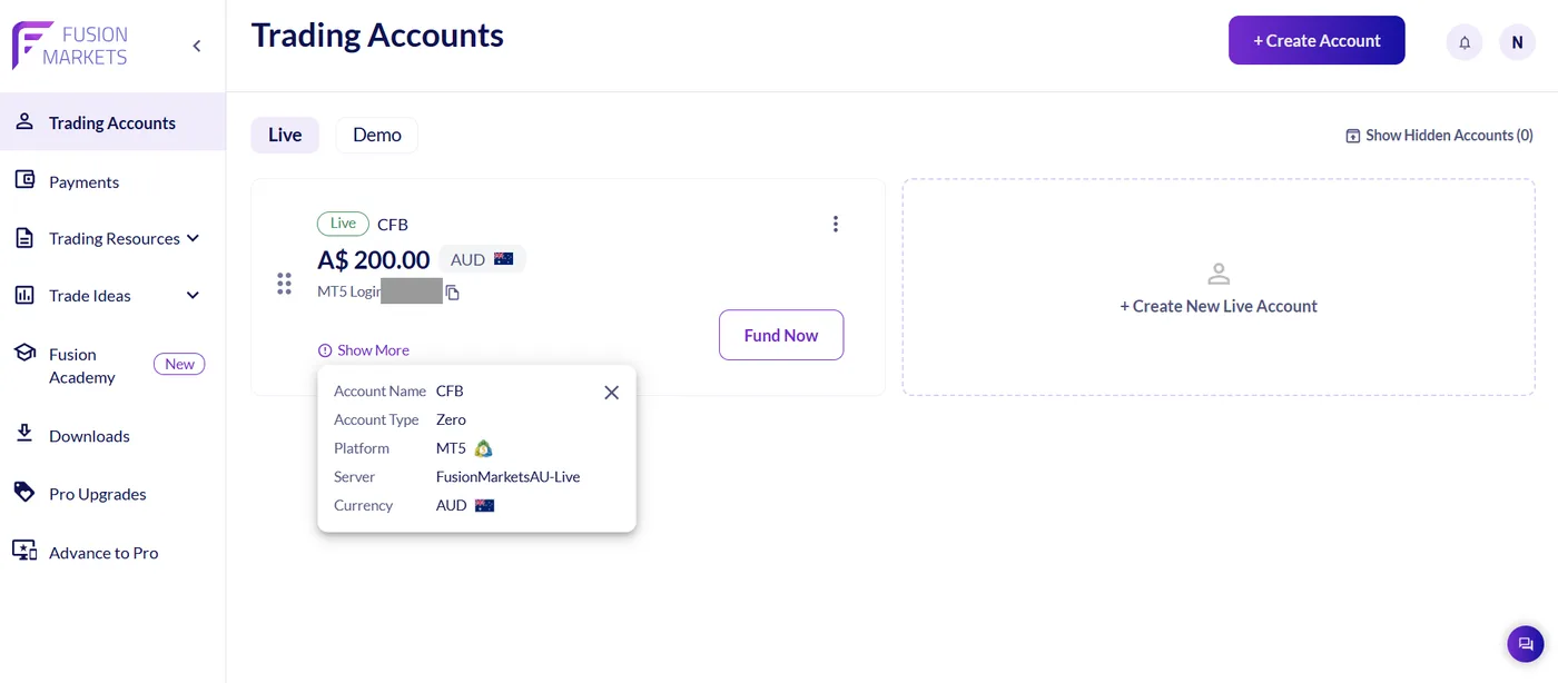 Live account card showing CFB, A$200.00, MT5 login hidden, and details listing Zero account type and AUD currency.