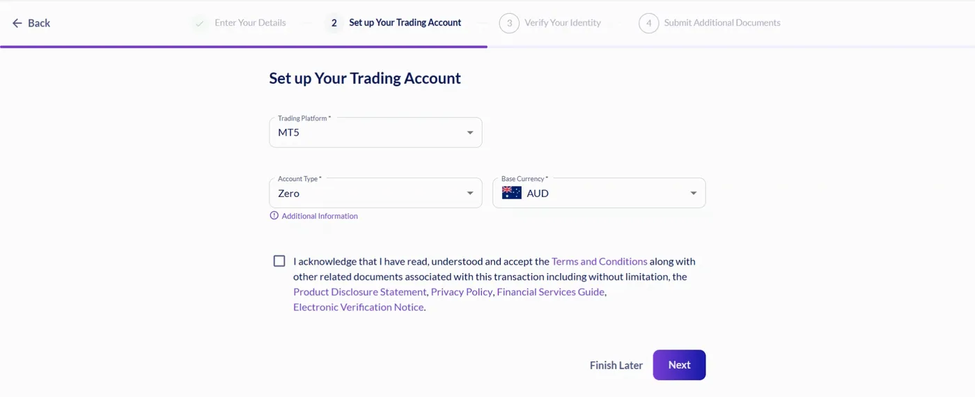 Account setup screen showing MT5, Zero account type, AUD base currency with an Australian flag, and an unticked acknowledgement box.