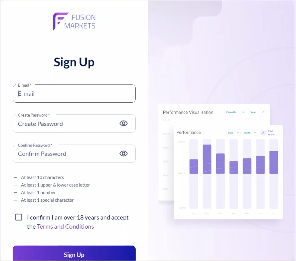 Empty email, password and confirm password fields, password rules, an unticked over-18 and terms box, and a purple Sign Up button.