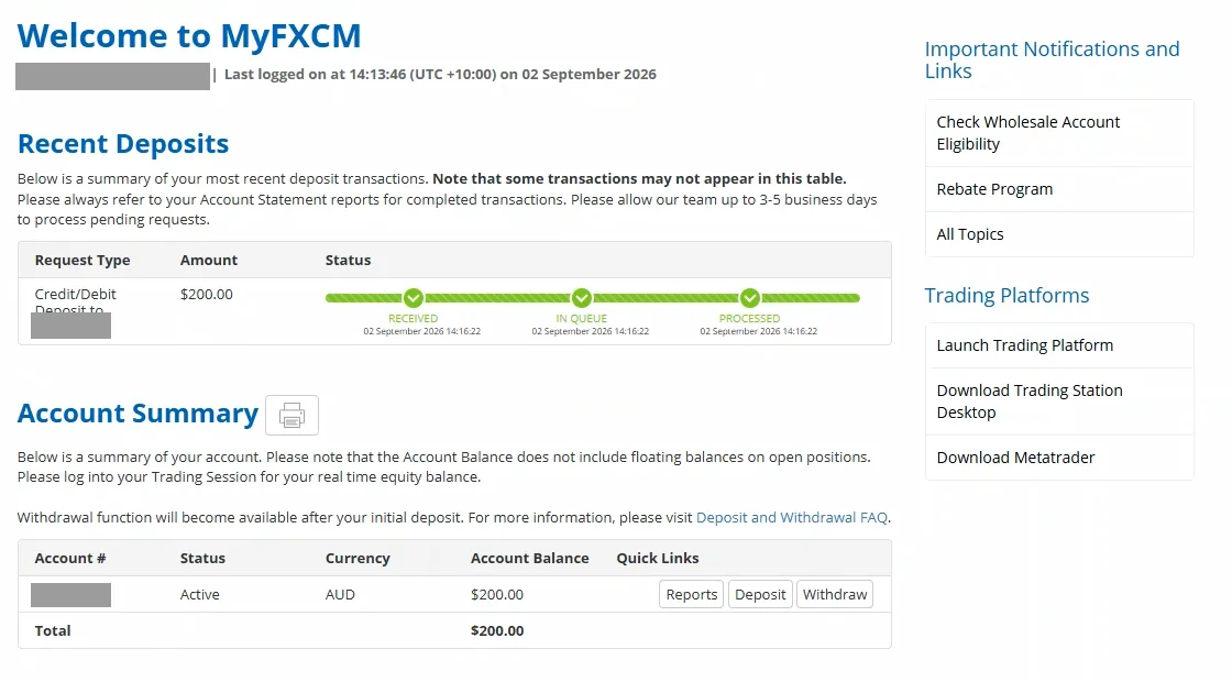 MyFXCM Recent Deposits panel showing a $200.00 credit/debit card deposit with Received, In Queue and Processed all stamped 02 September 2026 14:16:22, and an Account Summary with status Active, currency AUD and balance $200.00. Account number masked.