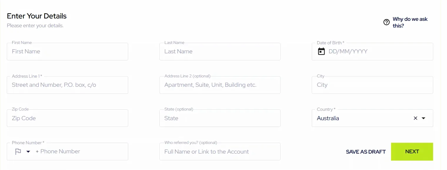 Global Prime ID Verification form with empty first name and last name fields, a Country field showing Australia, and a blank phone country code selector beside the phone number field.