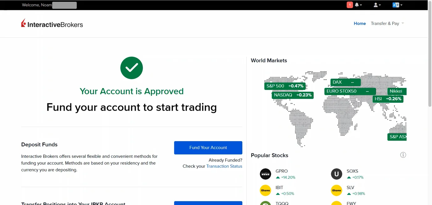 Account approved screen with a green tick, funding prompt and deposit panel above a world markets panel