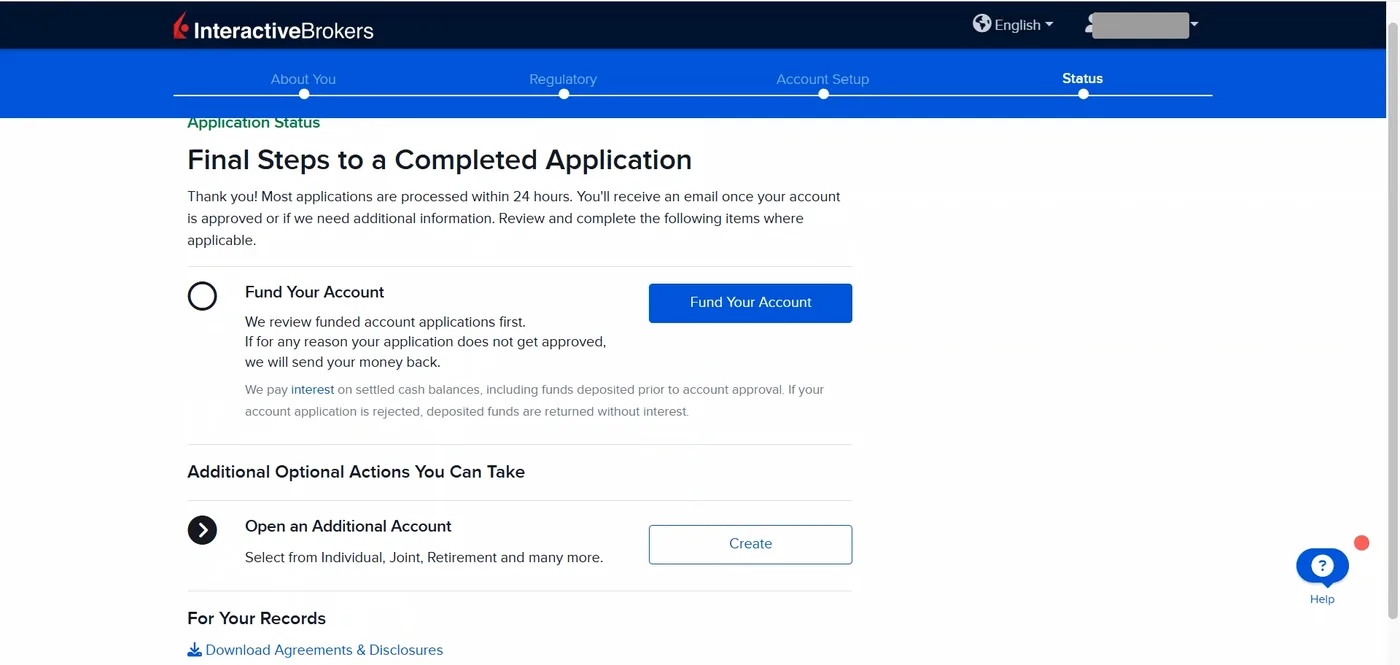 Application status screen showing 24-hour processing message and Fund Your Account button