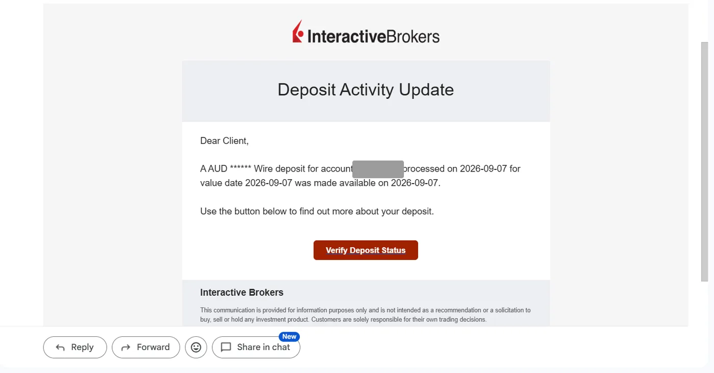 IBKR email titled Deposit Activity Update showing an AUD wire deposit processed and made available on 7 September 2026