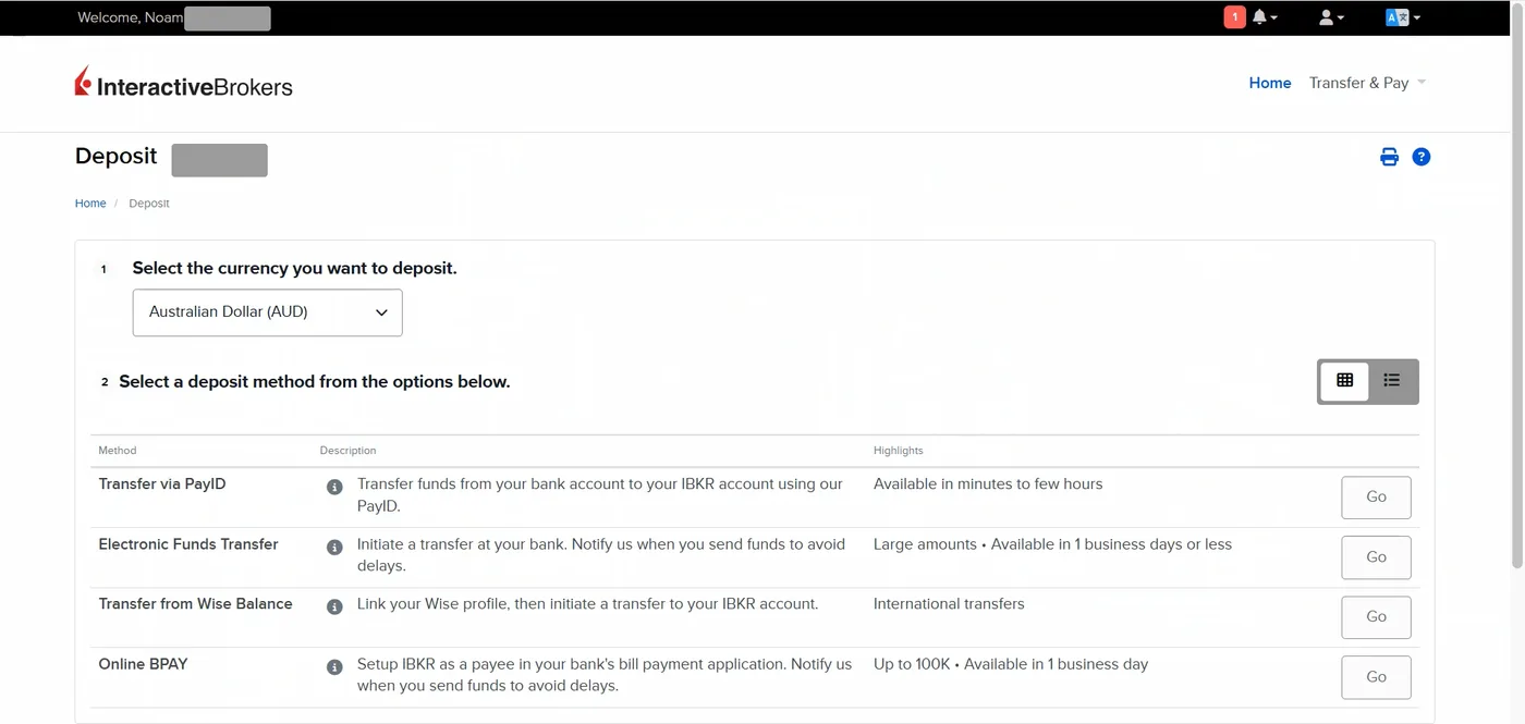 Deposit screen in AUD showing four funding methods with PayID, EFT, Wise Balance and BPAY and their processing times