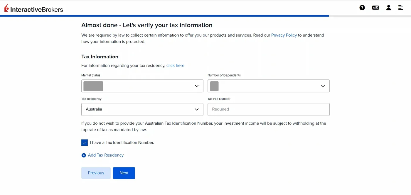 Tax information screen showing Australian tax residency, an empty Tax File Number field and a withholding warning