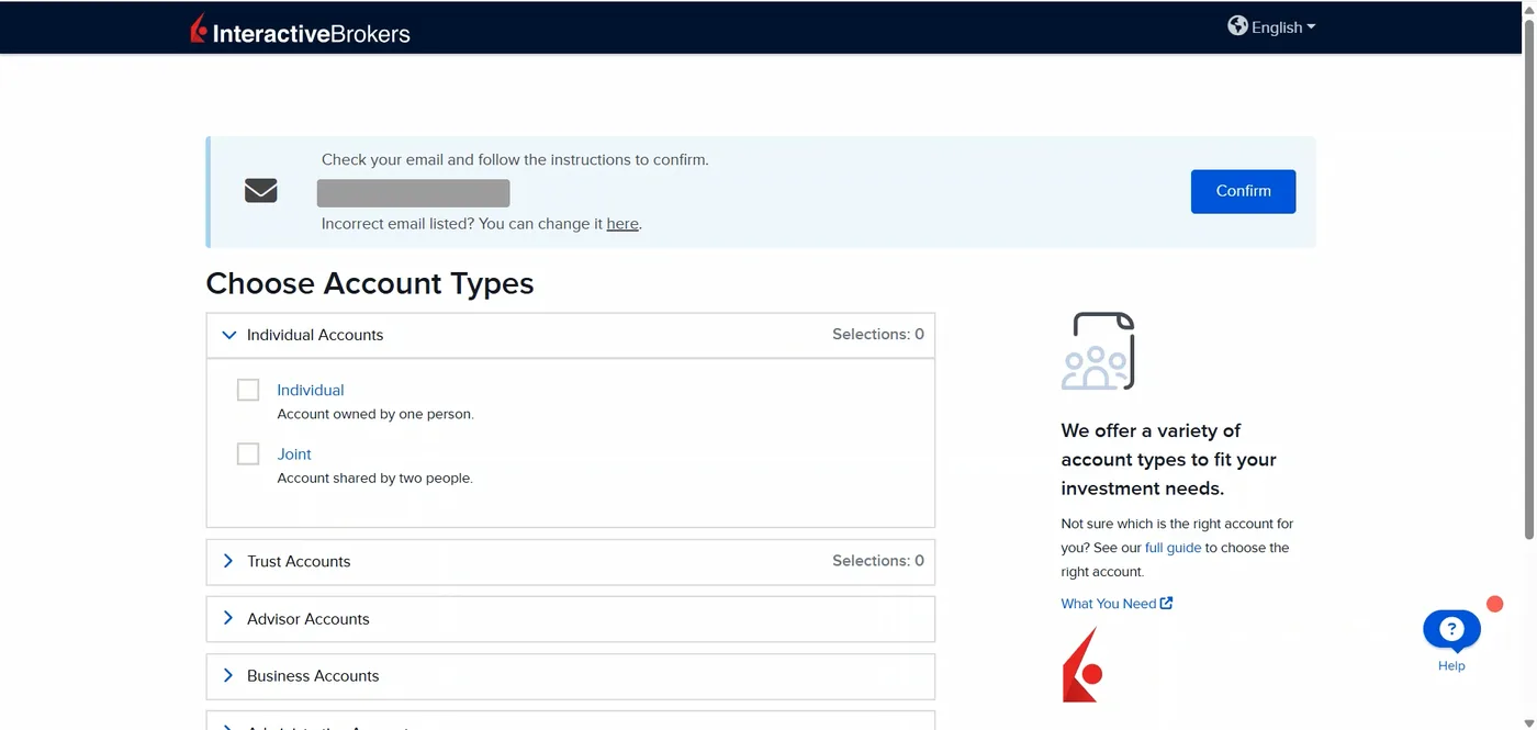 Account type selection screen with Individual and Joint options above Trust, Advisor and Business account groups