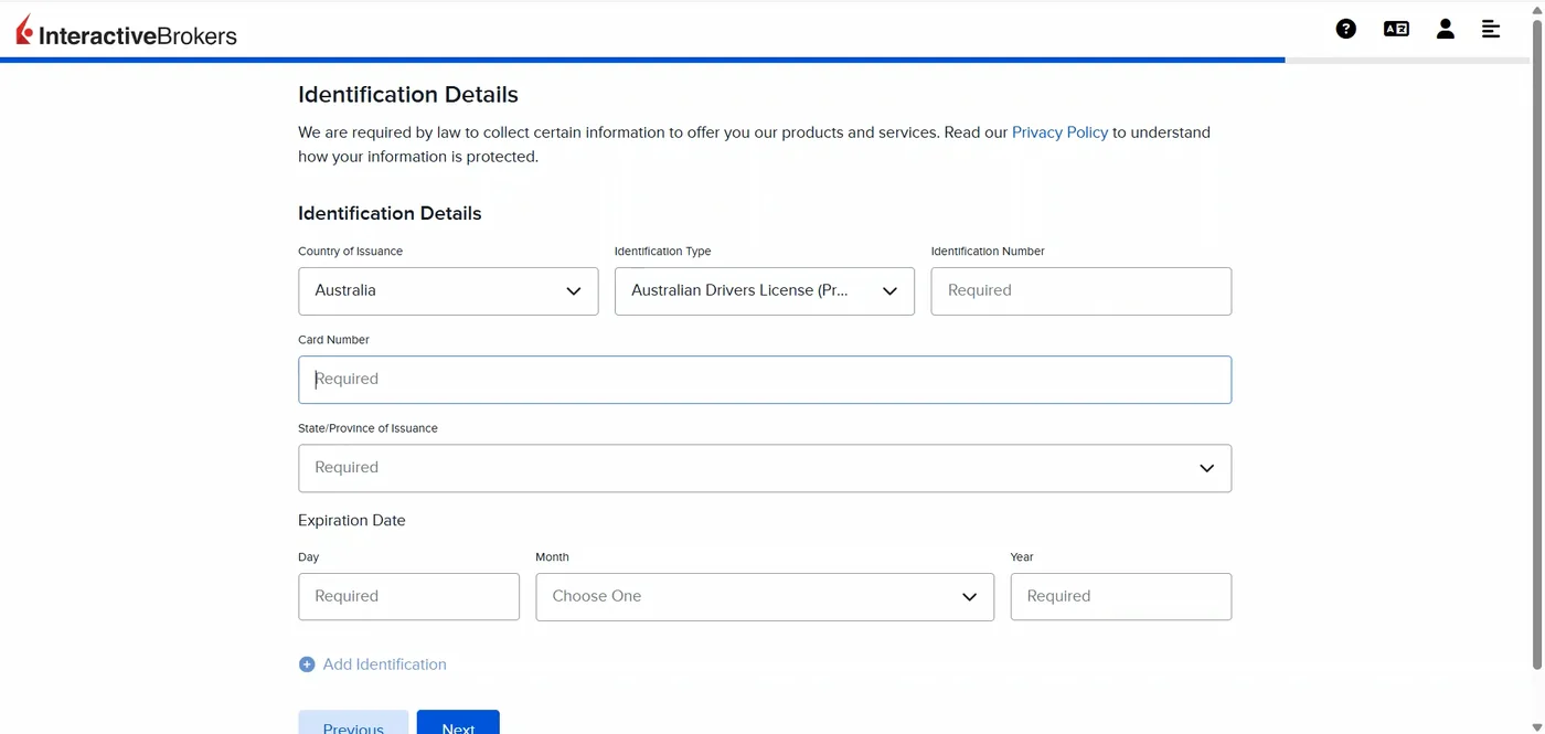 Identification details screen for Australia with Australian driver licence selected and fields for number, card number, state and expiry