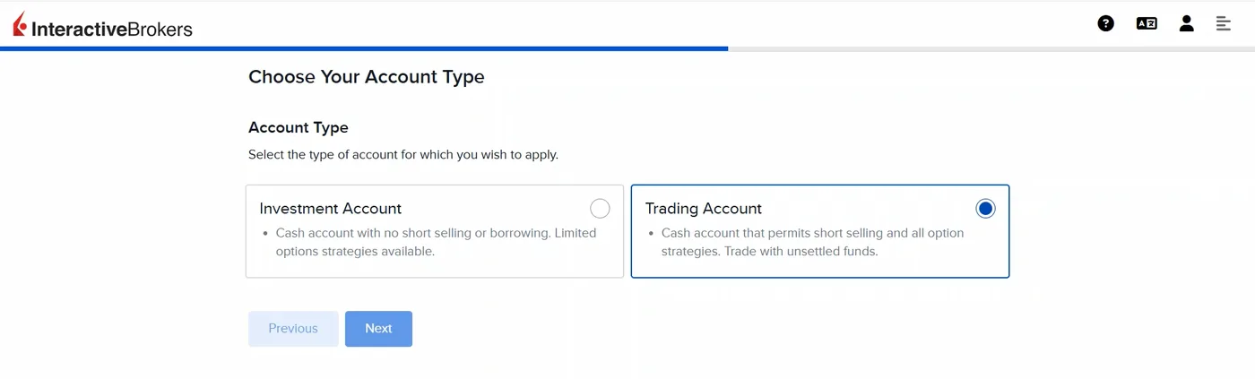 Account type choice screen showing Investment Account and Trading Account descriptions with Trading Account selected