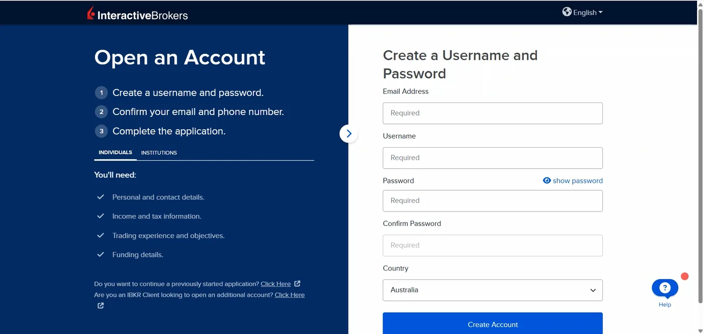 Interactive Brokers account registration form showing email, username and password fields with country set to Australia and a three-step checklist