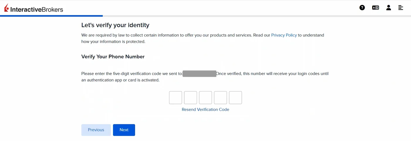 Phone verification screen with five boxes for a five-digit SMS code and a masked mobile number