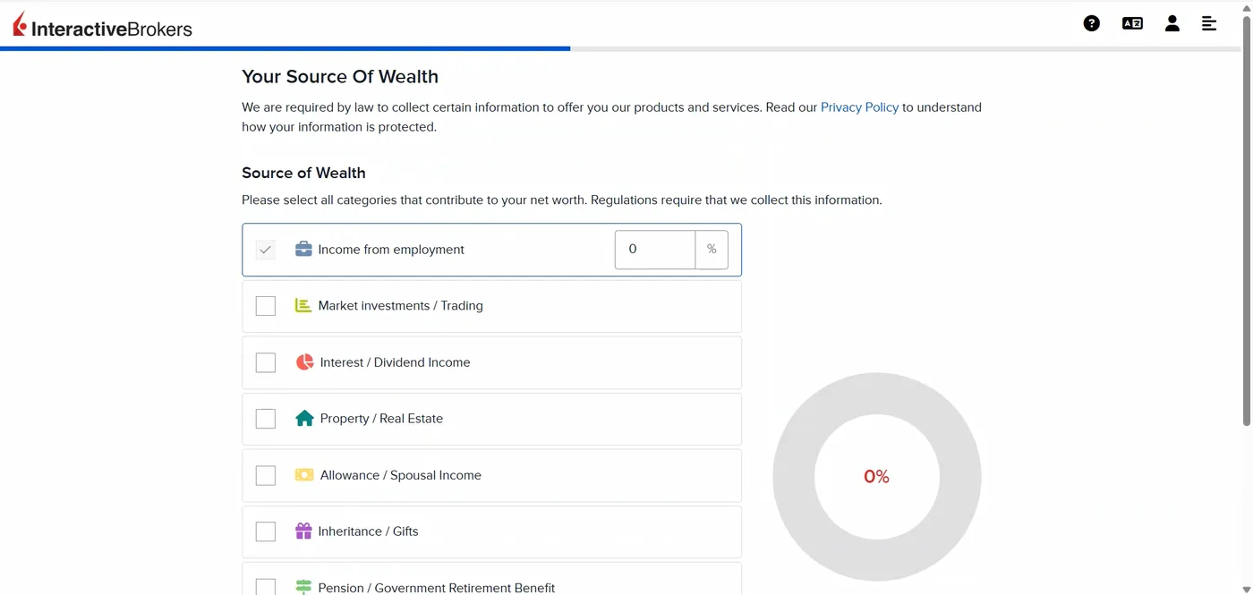 Source of wealth screen showing category tiles with percentage boxes and a donut chart at zero per cent