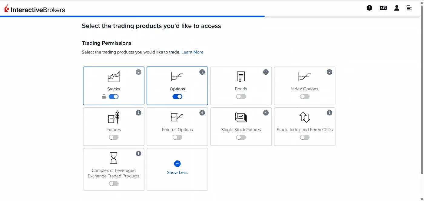 Trading permissions screen with nine product tiles and switches, stocks and options switched on and the rest off