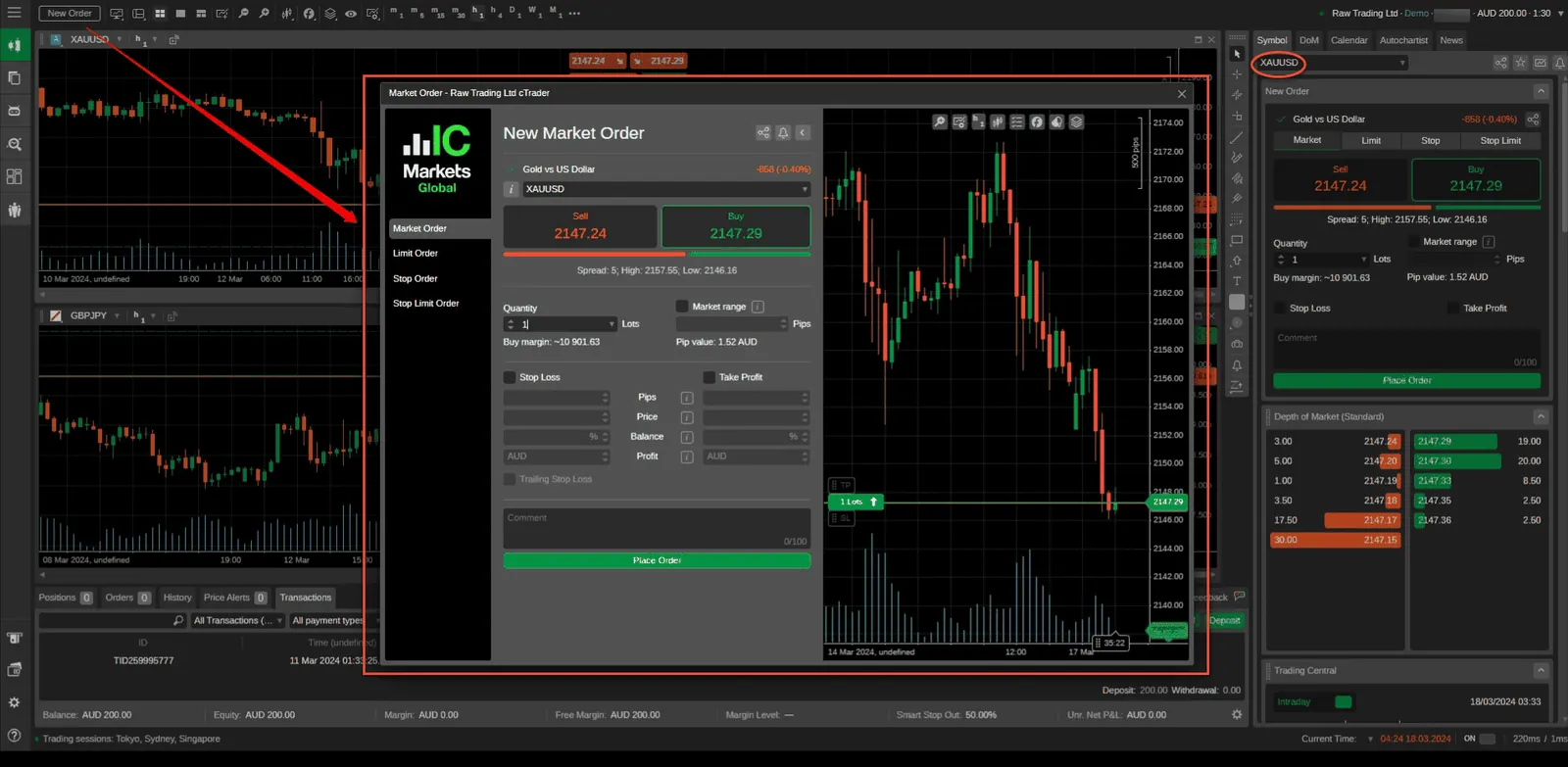 IC Markets cTrader new order ticket showing order type, volume, stop loss and take profit fields