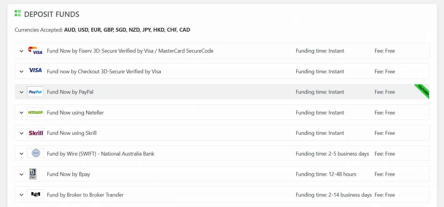 Deposit screen inside a live Australian IC Markets account showing eight free funding methods with no PayID option