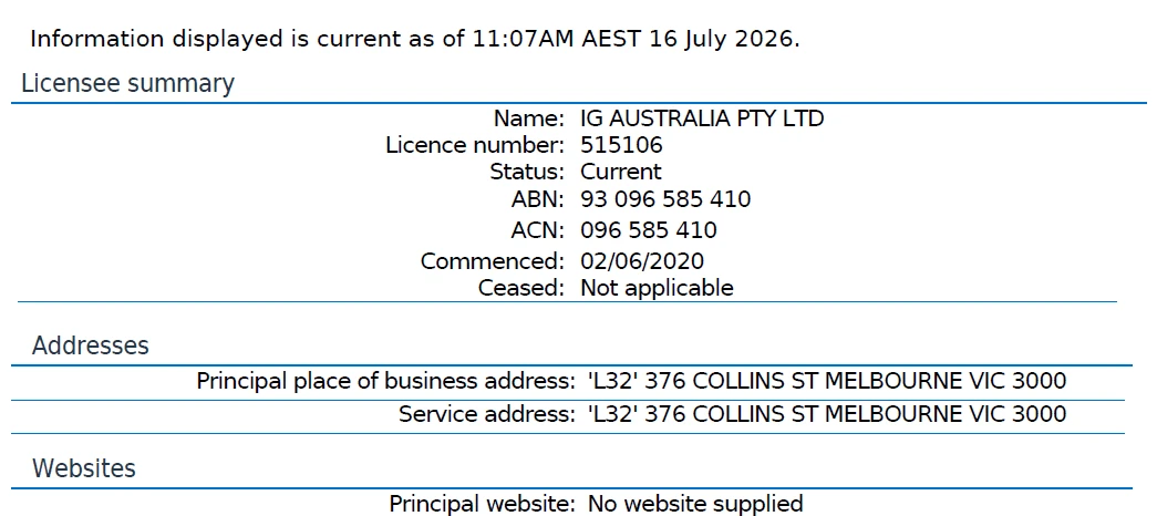 ASIC register record showing IG Australia Pty Ltd holding current AFSL 515106, commenced 2 June 2020