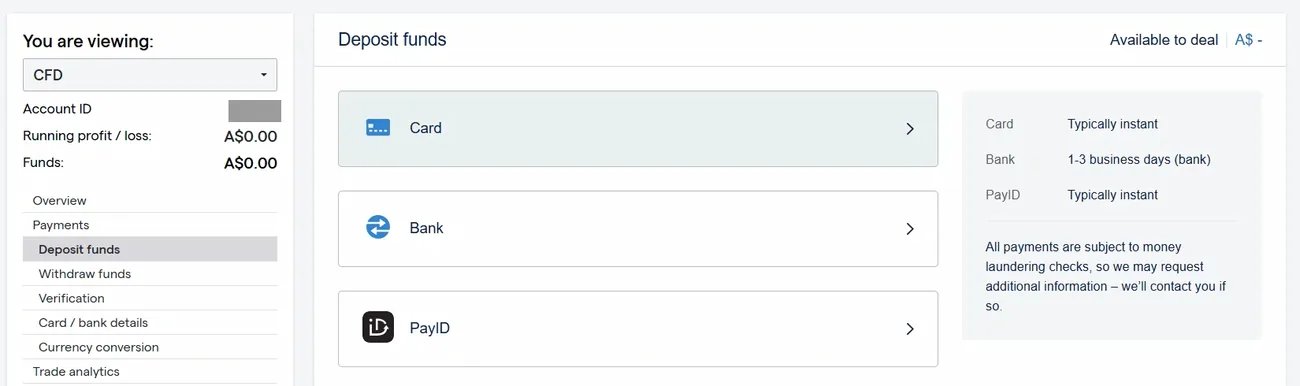A Deposit funds screen with Card, Bank and PayID options, and a panel listing Card typically instant, Bank 1-3 business days, PayID typically instant, plus a note that all payments are subject to money laundering checks.