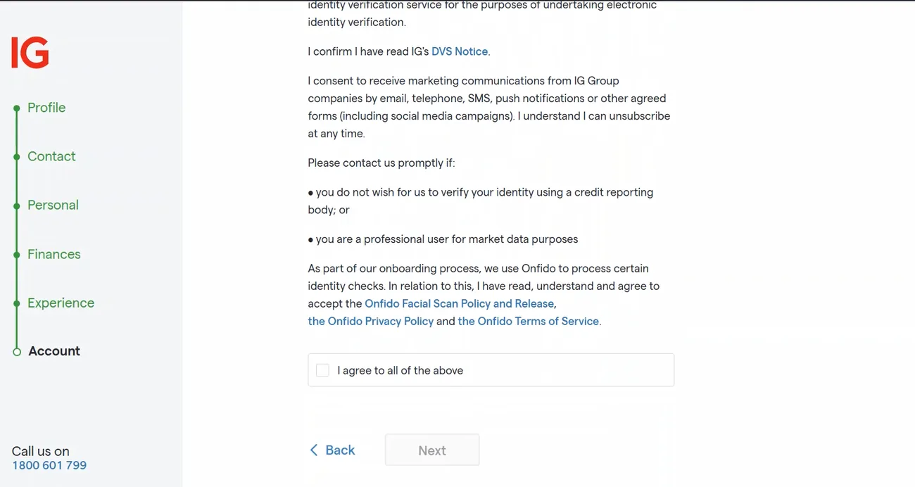 IG's account consent screen with a left sidebar of steps Profile, Contact, Personal, Finances, Experience, Account (Account active); text includes 'I confirm I have read IG's DVS Notice', a note about credit reporting body identity verification, a statement that IG uses Onfido, and a checkbox labelled 'I agree to all of the above'.