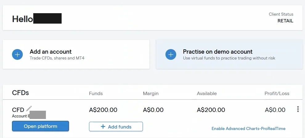 Dashboard displaying Client Status RETAIL, a CFD account with Funds A$200.00, Margin A$0.00, Available A$200.00, Profit/Loss A$0.00, Open platform and Add funds buttons, with the account holder's name and account ID covered by grey boxes.
