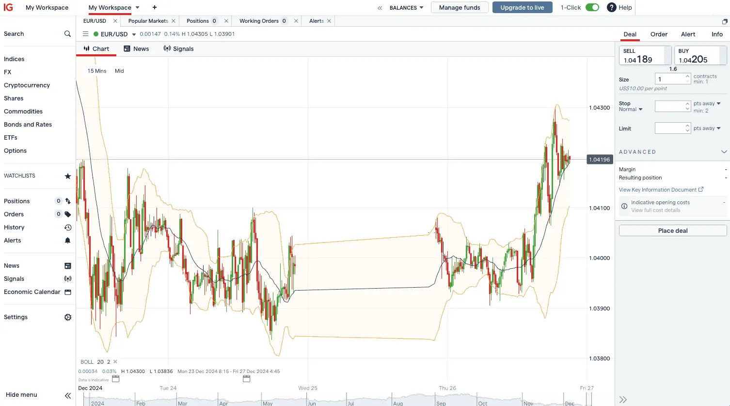 IG web trading platform workspace with the price chart, market watchlist and deal ticket