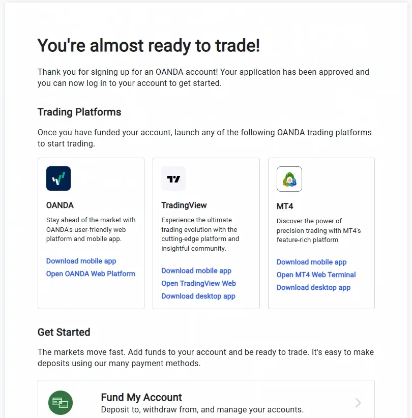 Approval screen thanking the applicant and showing tiles for OANDA, TradingView and MT4 platforms with a funding link.
