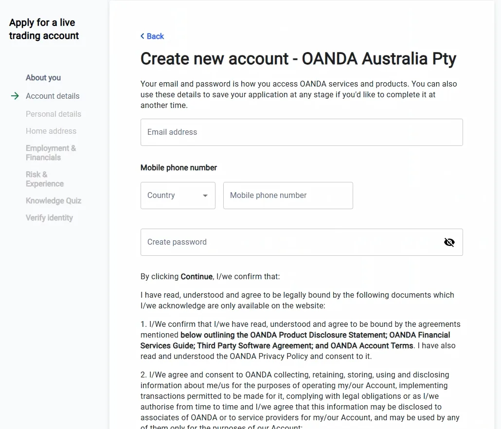 Account creation form for OANDA Australia Pty with a sidebar listing seven application stages and empty contact fields.