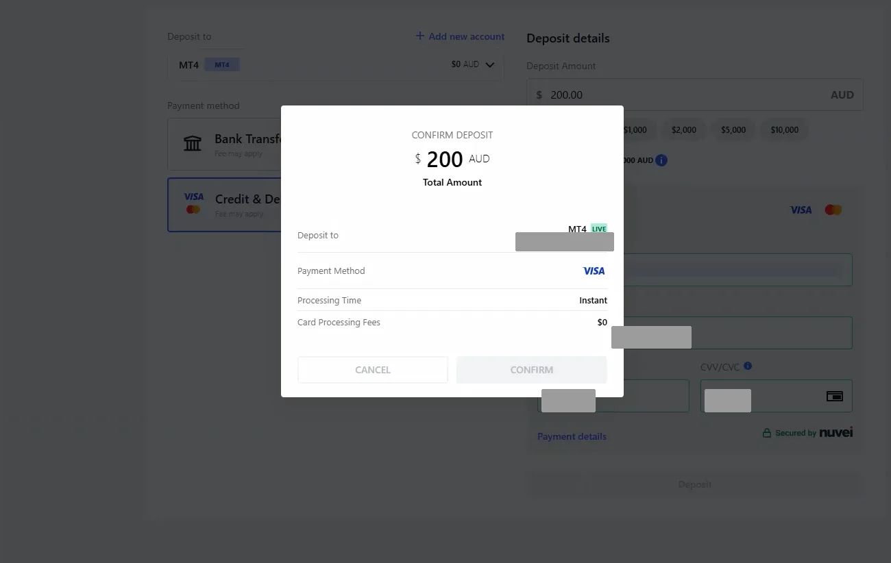 Confirm deposit modal showing a 200 AUD total, VISA payment method, instant processing and zero fees, with cancel and confirm buttons.