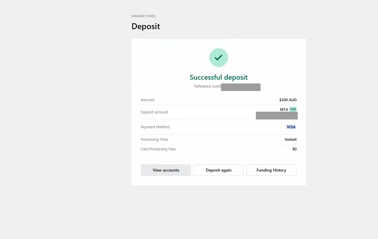 Successful deposit confirmation with a green tick showing 200 AUD via VISA and buttons to view accounts or deposit again.