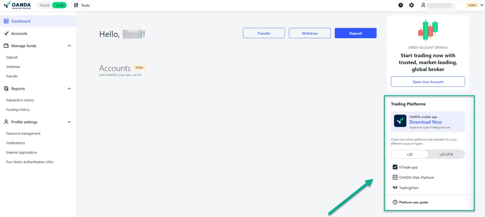OANDA Hub dashboard for a new account listing the available trading platforms