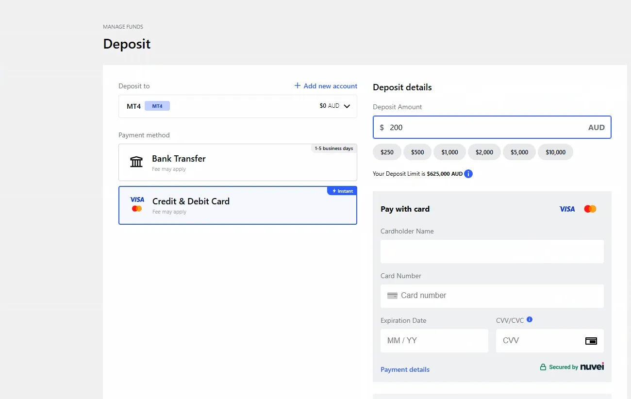 Deposit page with bank transfer and card payment methods, preset amount chips, and a card form secured by nuvei.
