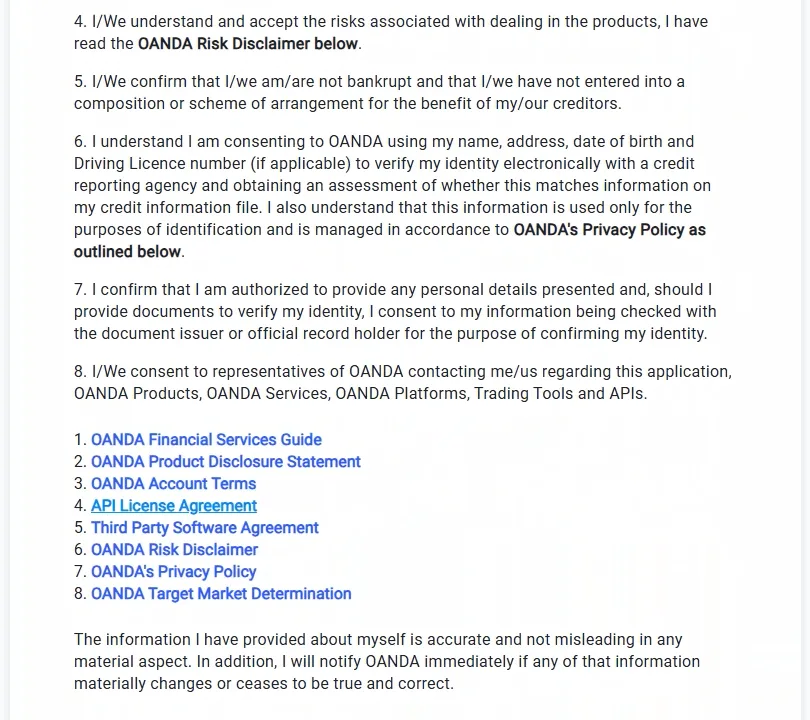 Consent clauses describing electronic identity checks, followed by eight links to legal documents such as the Product Disclosure Statement.