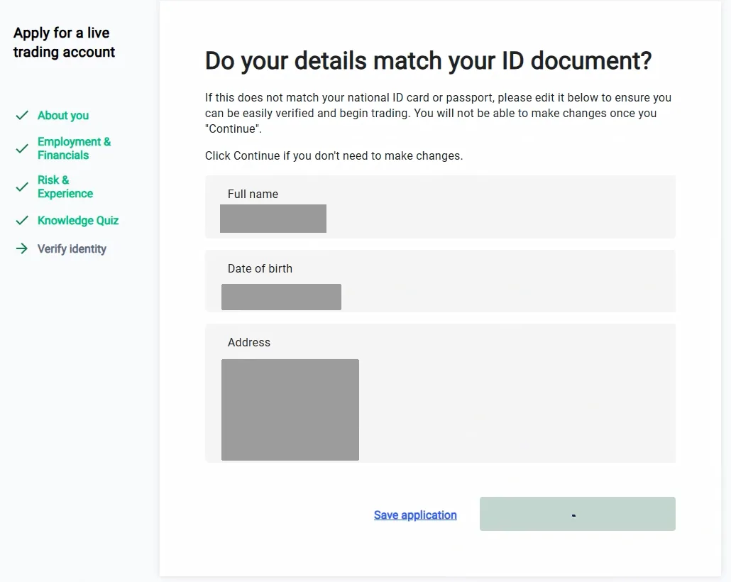 Identity confirmation step with Full name, Date of birth and Address panels greyed out and a disabled Continue button.