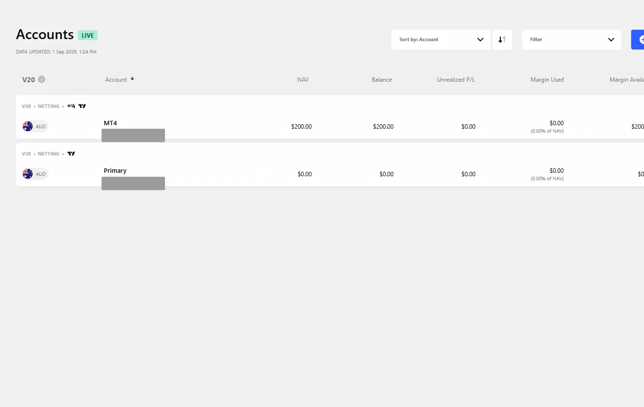 Live accounts table showing the MT4 account at 200 dollars and the Primary account at zero, updated at 1:24 pm.