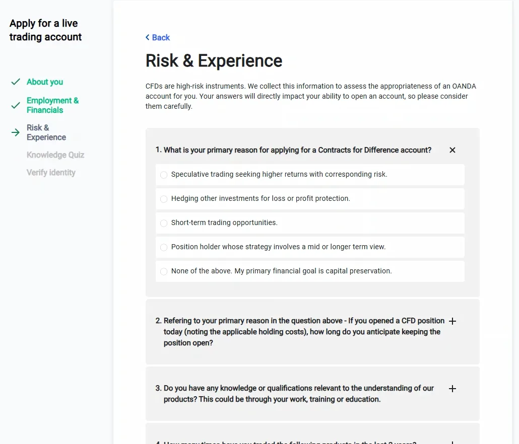 Risk and Experience questionnaire page with an appropriateness warning and five unselected answer options to the first question.