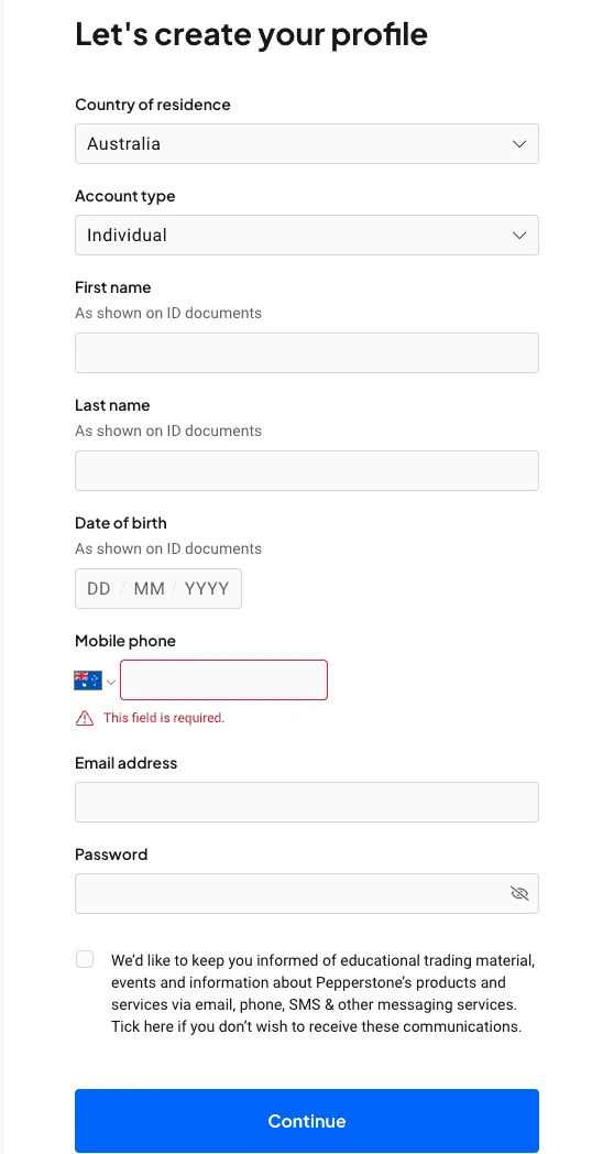 Pepperstone demo account form asking for country of residence, account type and personal details