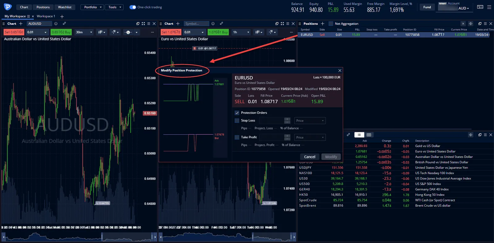 Pepperstone WebTrader modify position dialog for setting stop loss and take profit on an open trade