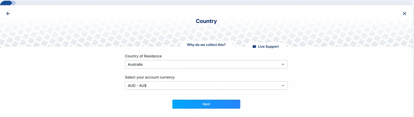 Country step showing Country of Residence set to Australia, account currency set to AUD, a Next button and a thin progress bar at the start.