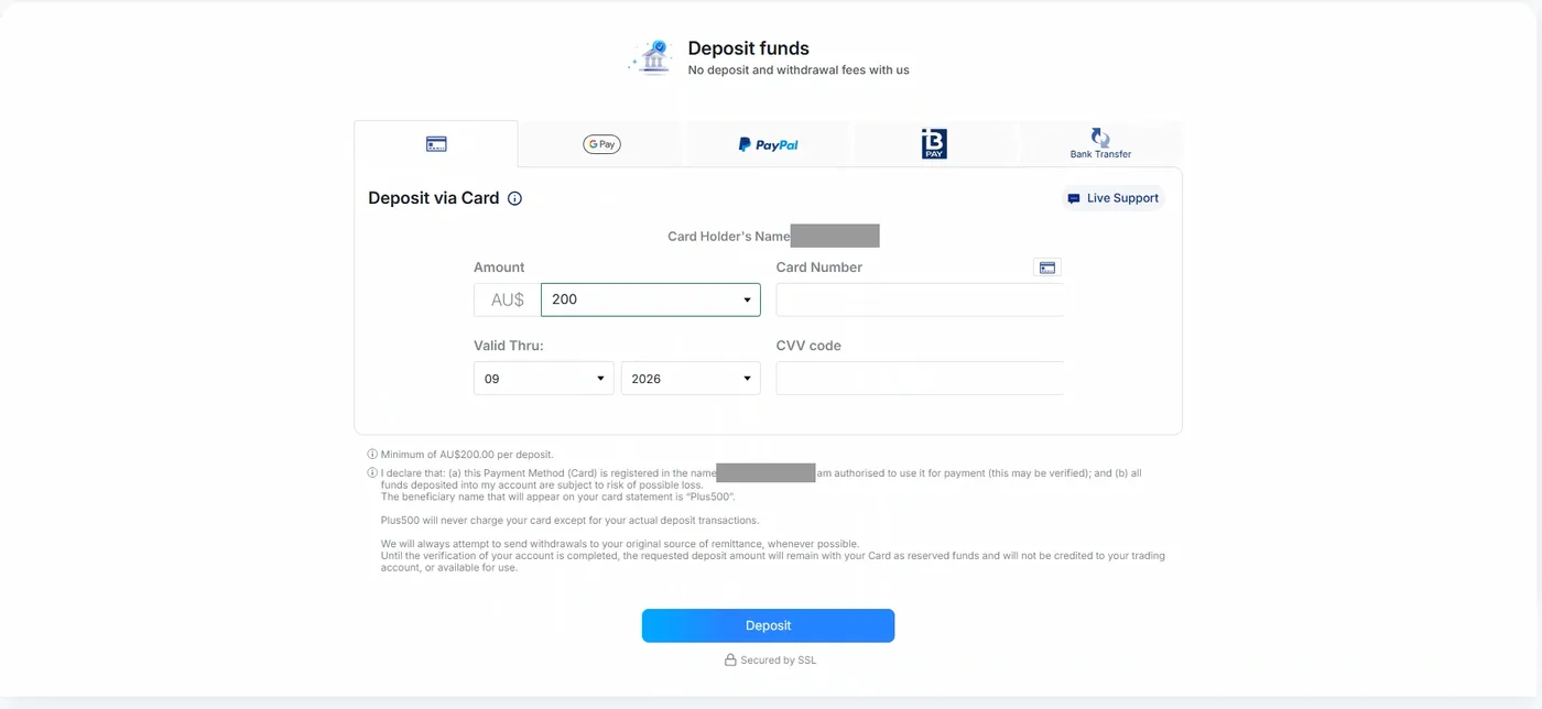 Deposit funds screen with five payment tabs, card selected, an amount of AU$200 entered, empty card fields, and small print about reserved funds pending verification.
