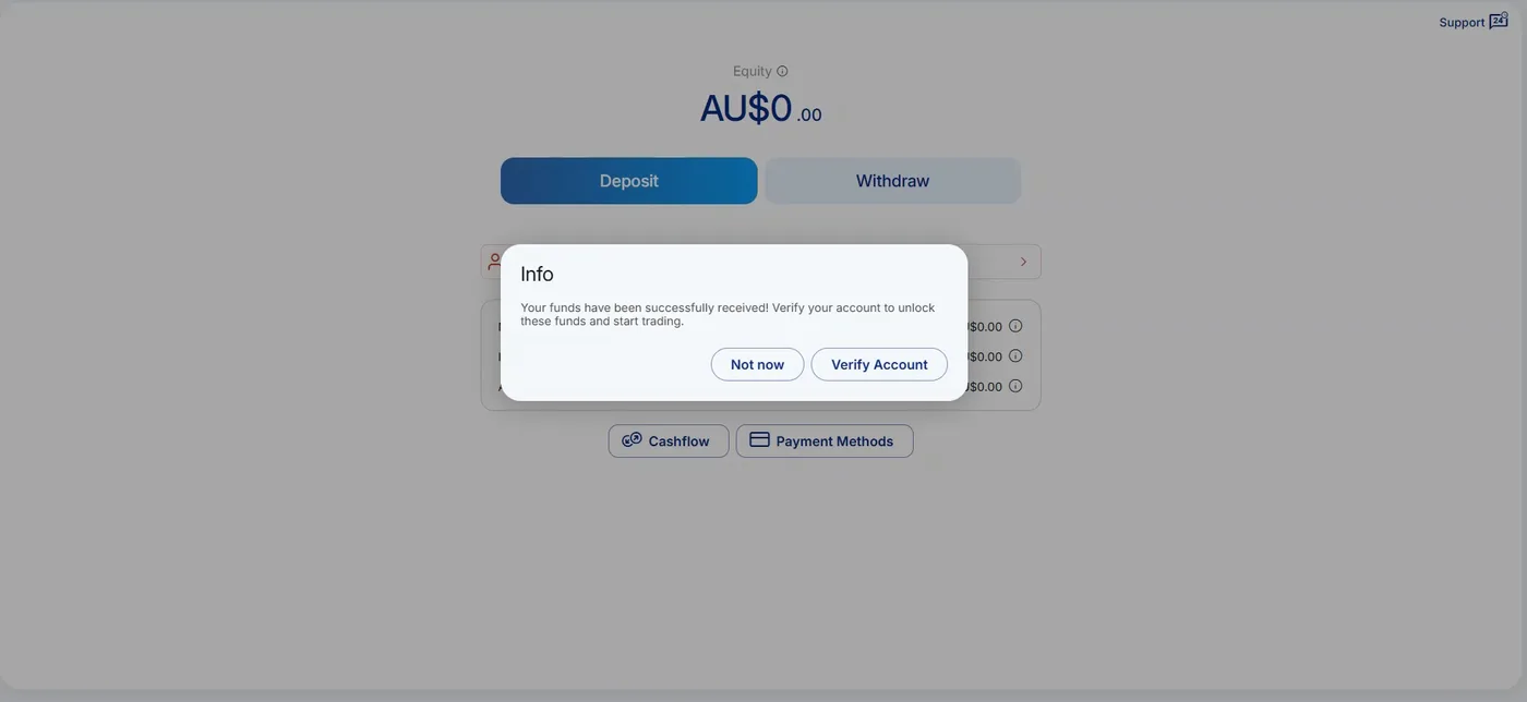 Funds screen with zero balances across the header, AU$200.00 shown as pending with an orange dot, and a popup prompting account verification.